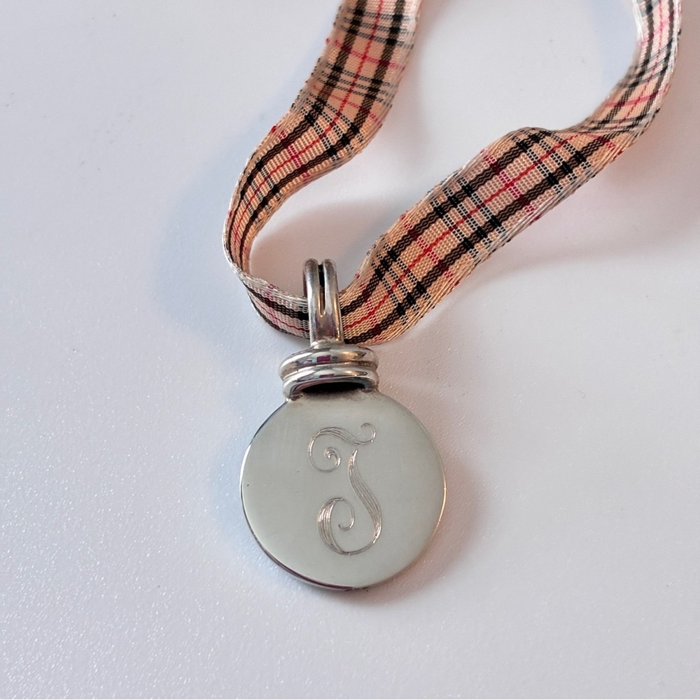 Sterling Silver 925 Letter "T" Initial Disc Pendant With Ribbon Necklace